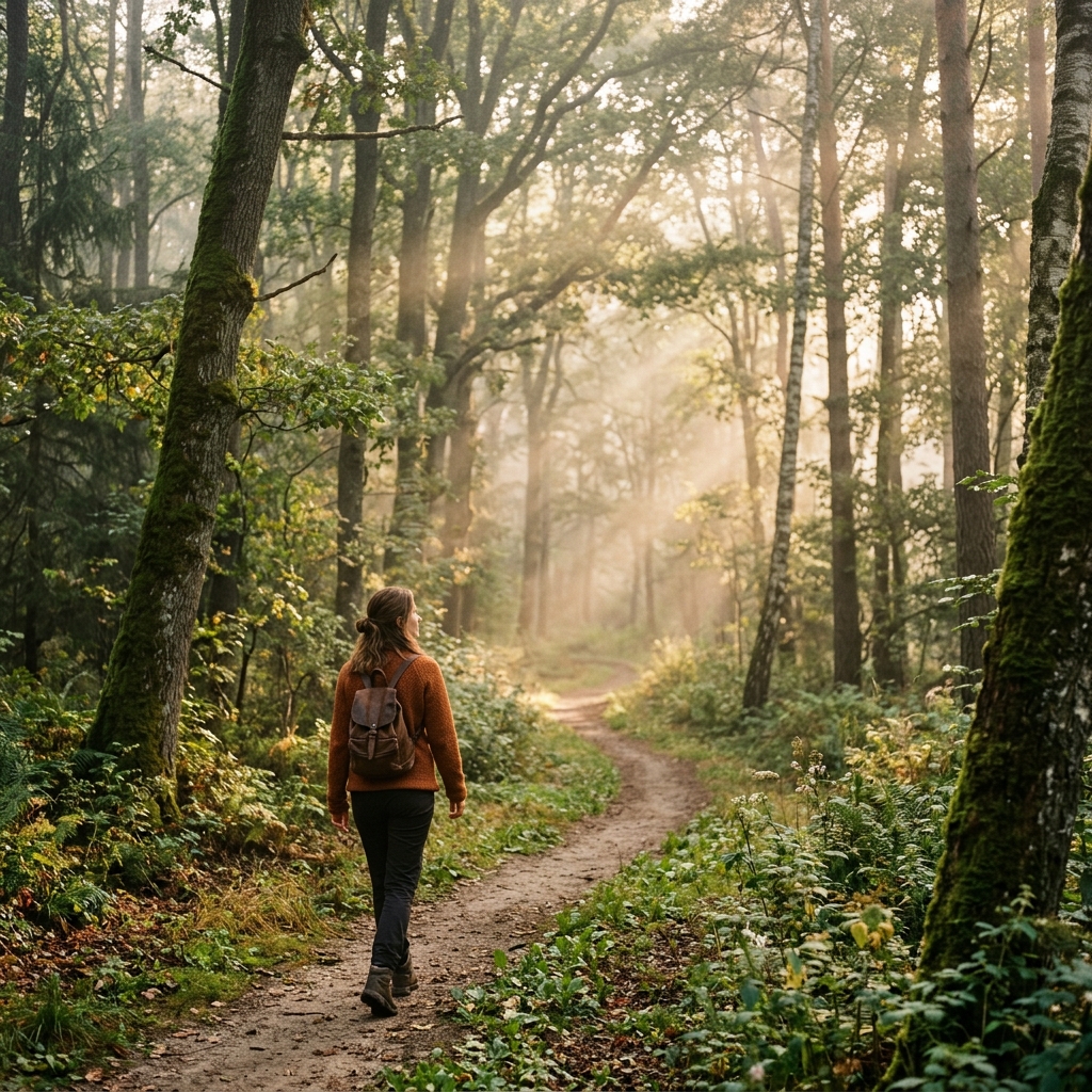 Camino en medio de un bosque iluminado por el sol, representando el proceso personal y el crecimiento profesional